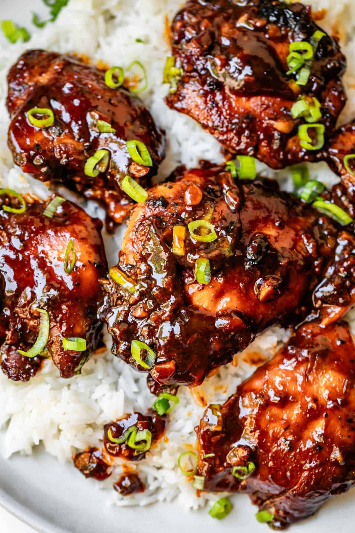 5 large chicken thighs in honey garlic sauce and green onion served over white rice.