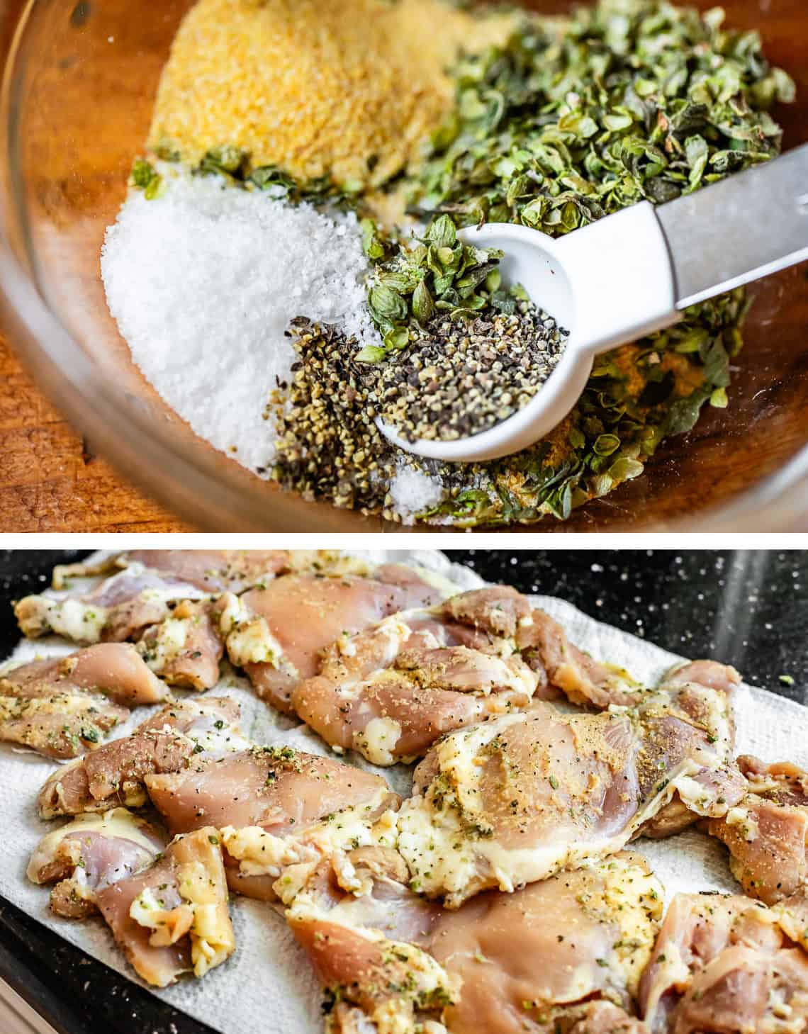top pic: small bowl of spices, bottom: chicken marinating in dry rub on paper towels.