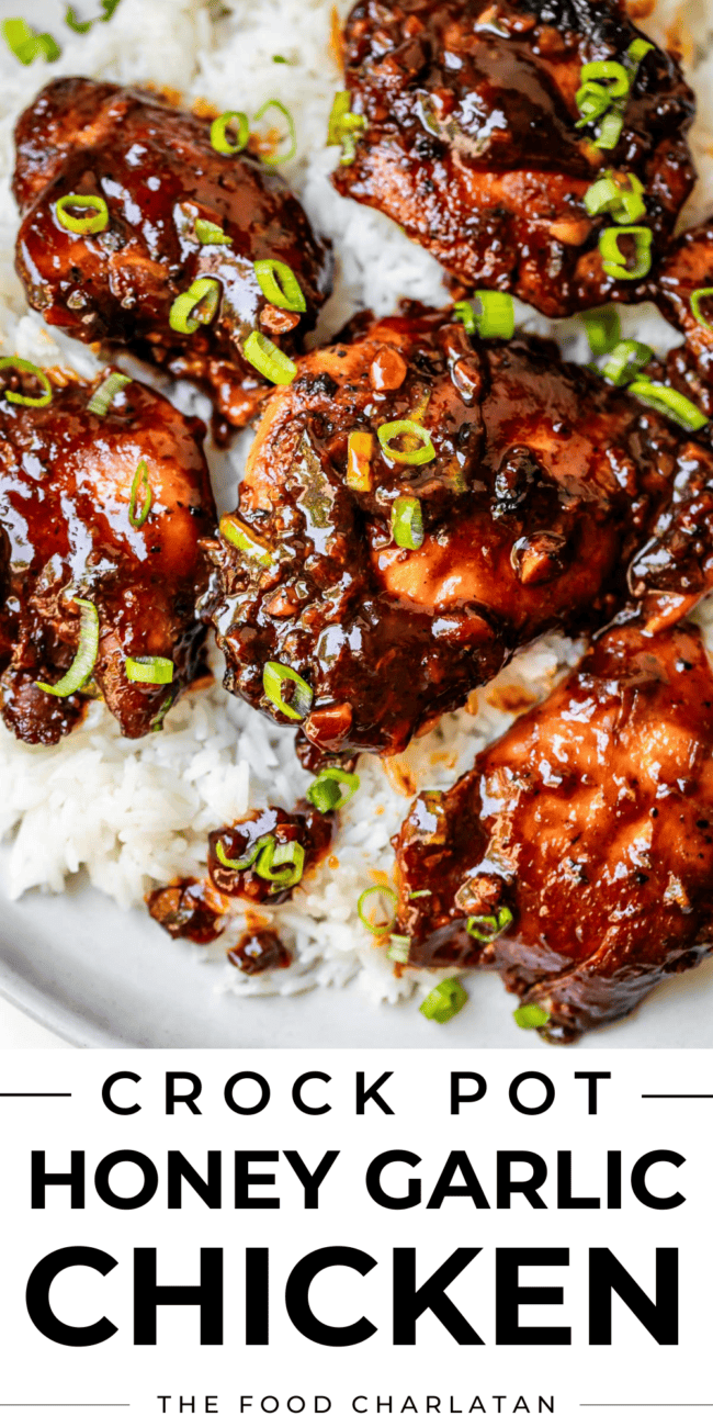 Several chicken thighs on a plate of white rice, garnished with green onions.