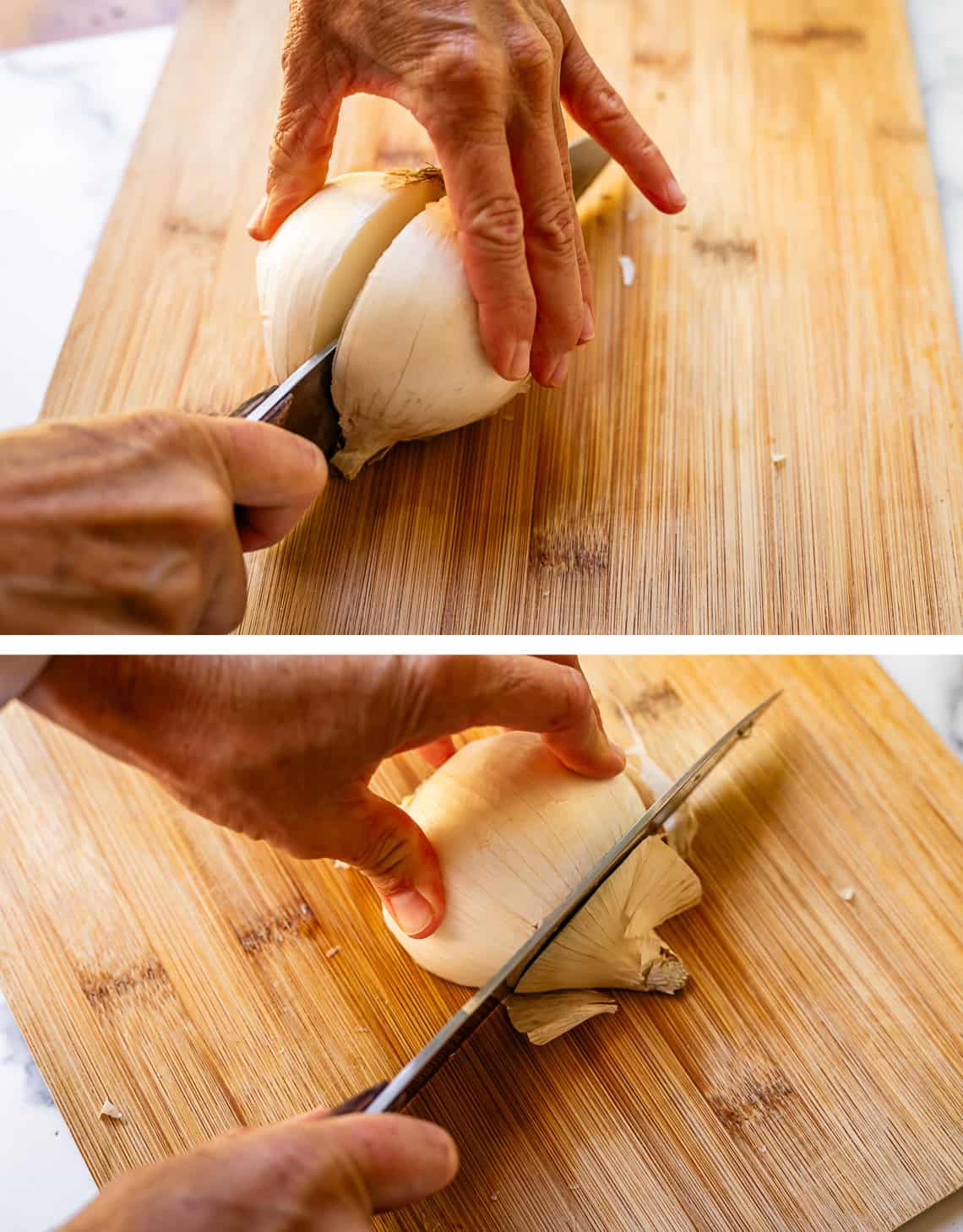 top hands using a knife to cut an onion in half, bottom, cutting the end of one half.