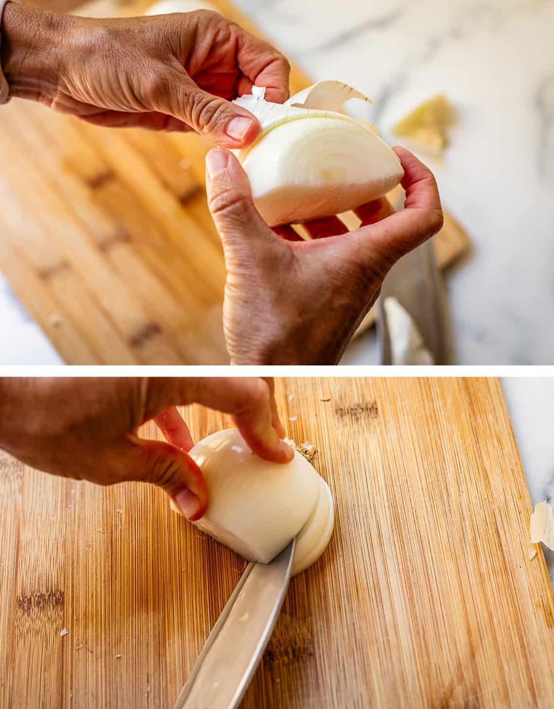 top hands peeling skin off half an onion, bottom making angled cuts into the onion half.
