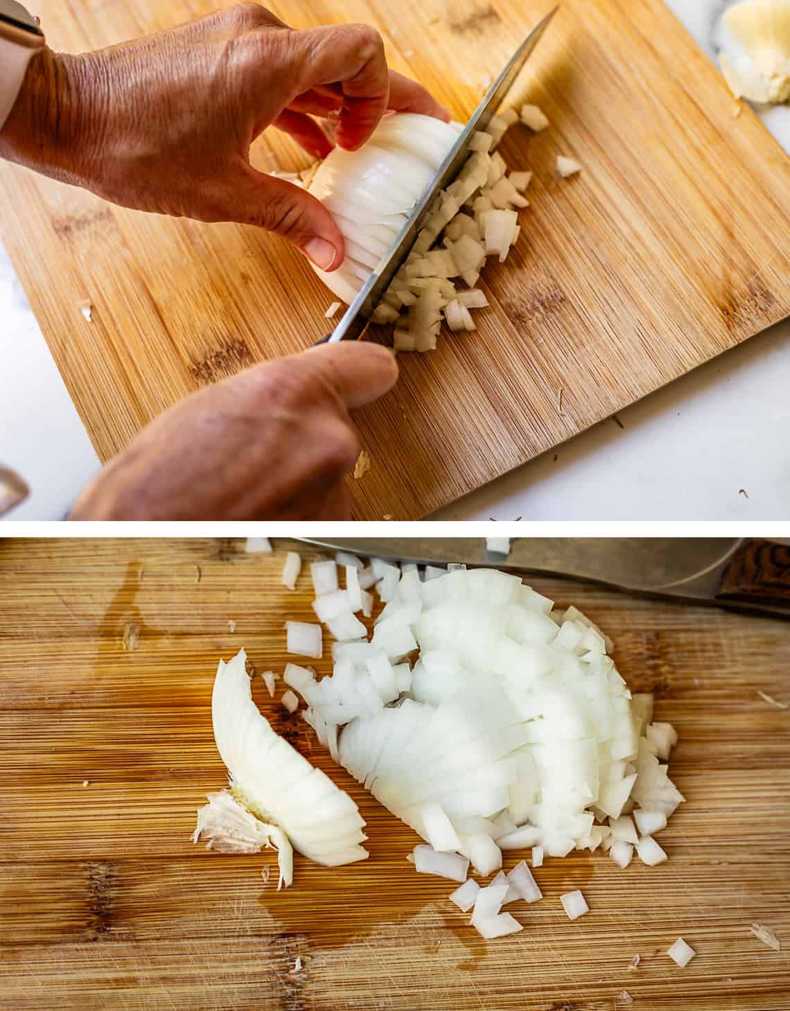 top hand holding onion together while right hand uses knife to cut through onion.