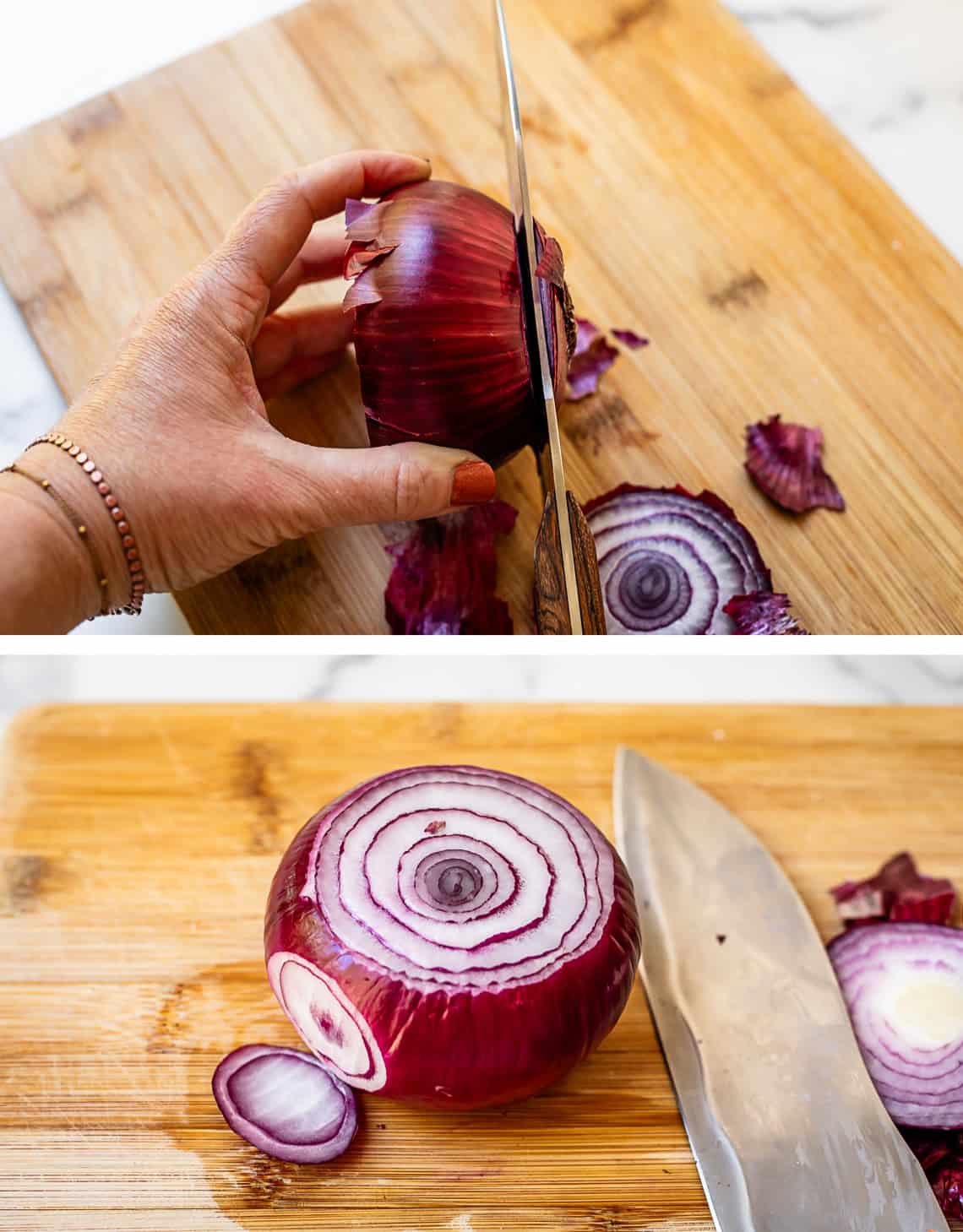 top knife cutting off end of red onion, bottom, red onion showing slices cut from side.