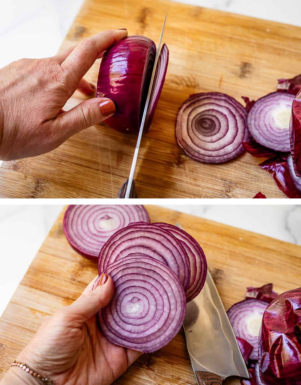 top hand holding a red onion while knife cuts slices, bottom hand holding multiple slices.