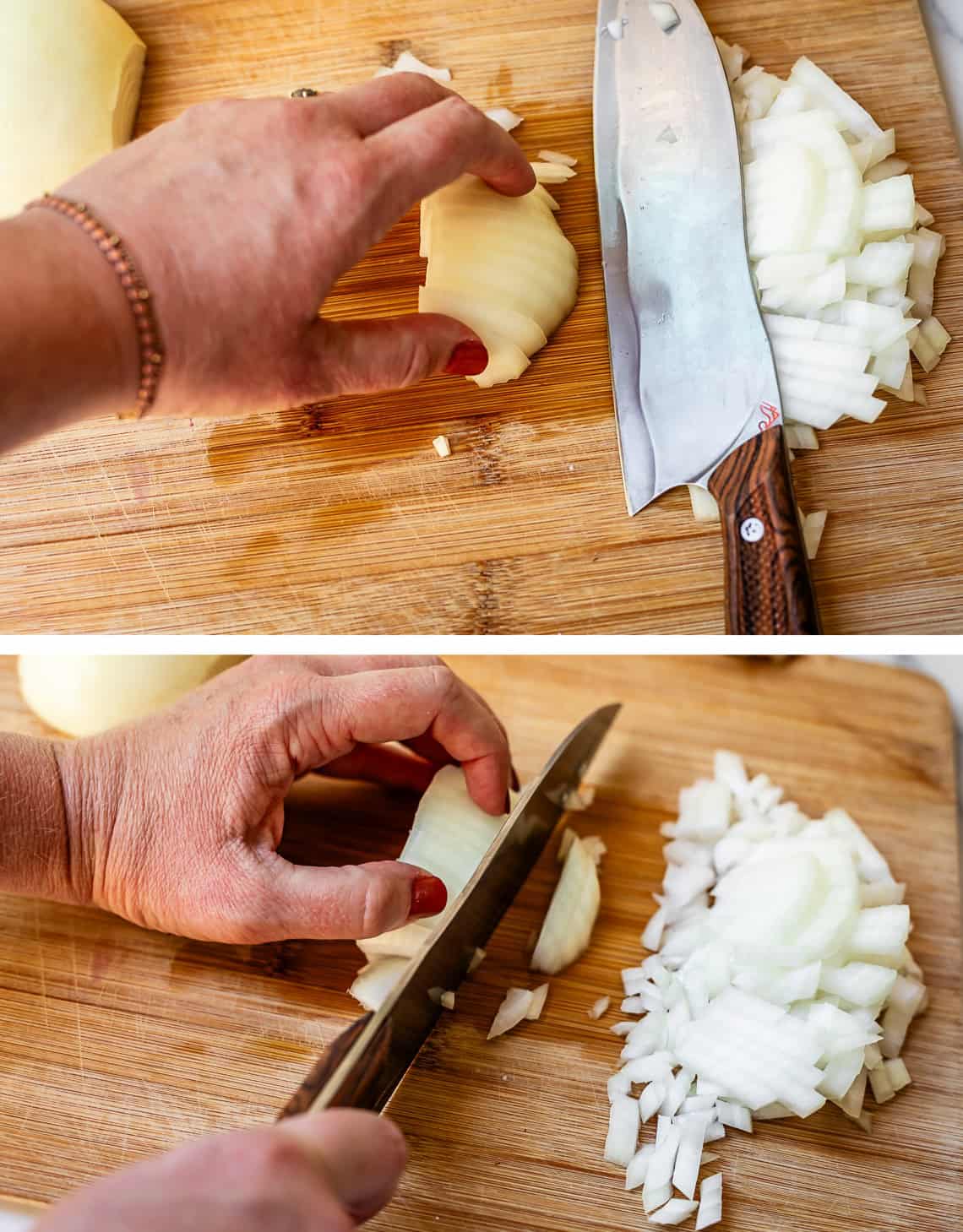 holding a sliced onion, ready to dice, then chopping it with a chef's knife.