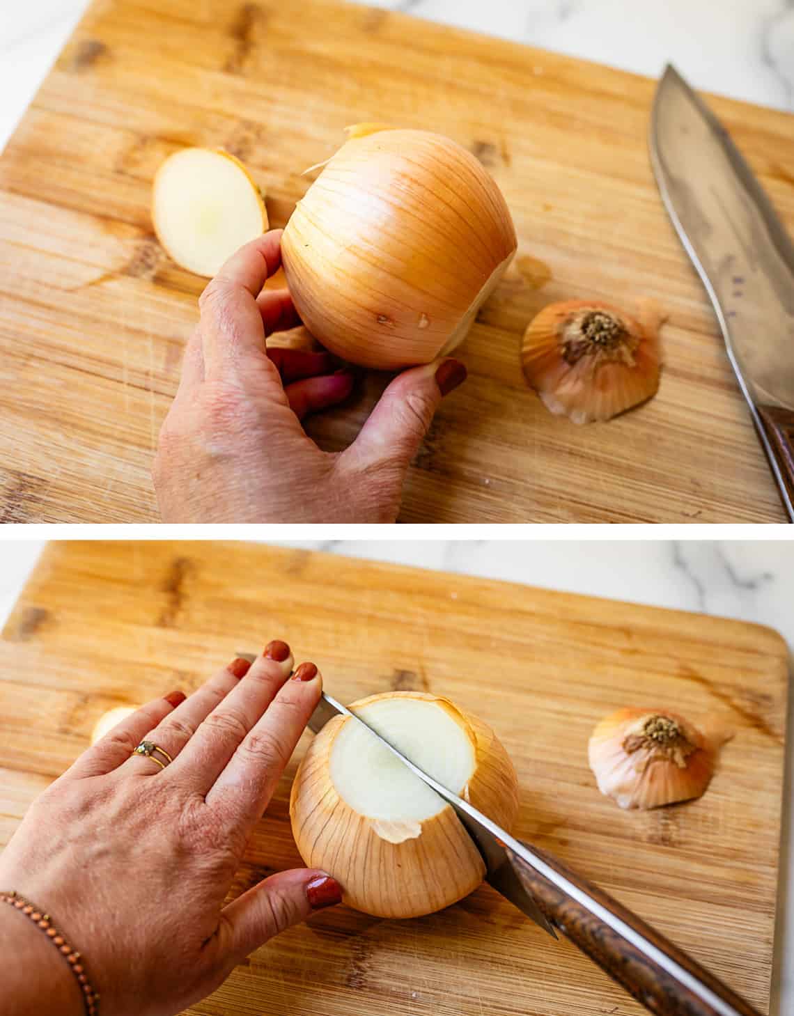 top onion with skin on but ends cut off, bottom knife cutting same onion in half.