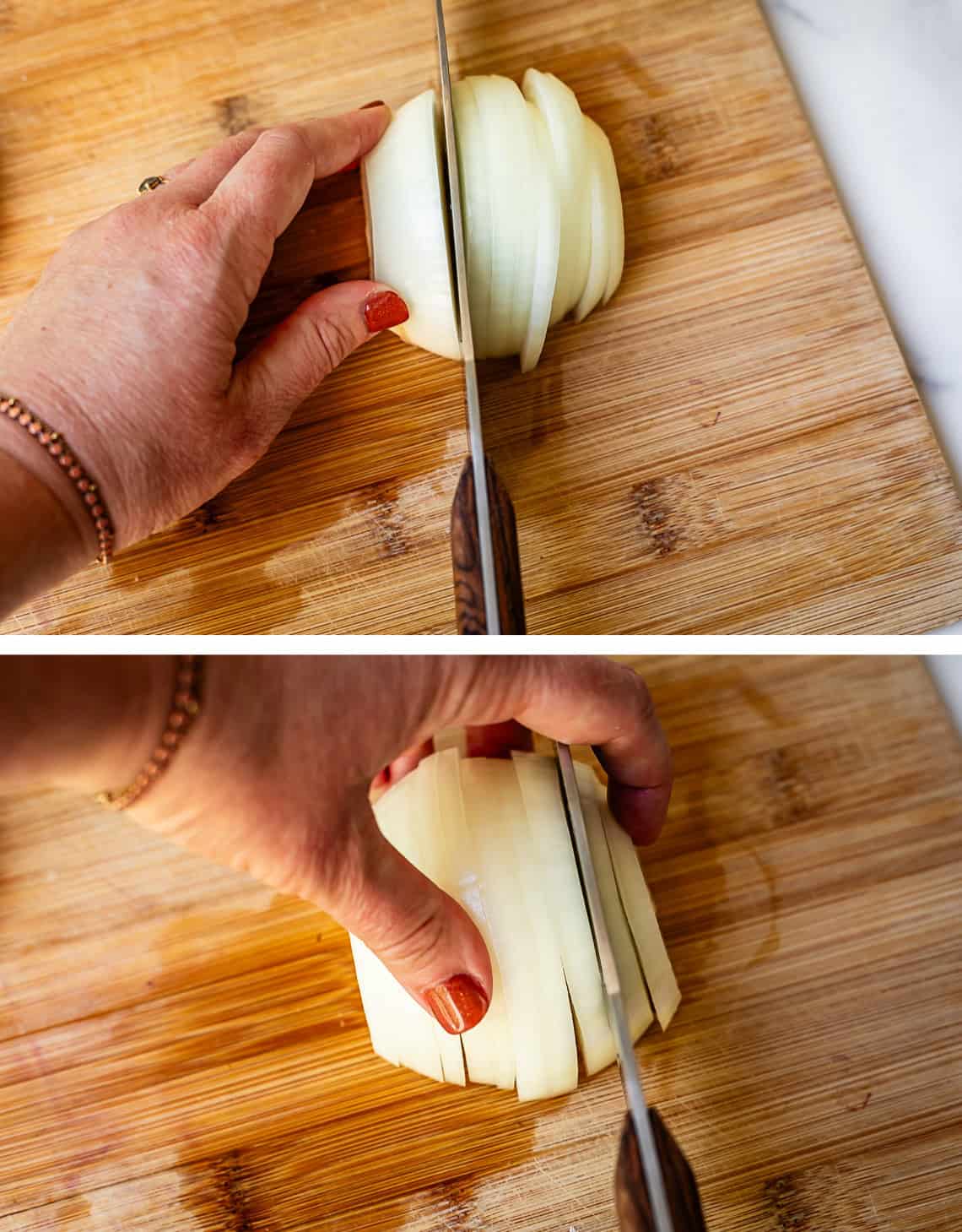 hand holding half an onion that is being sliced, bottom, hand holding the slices together.