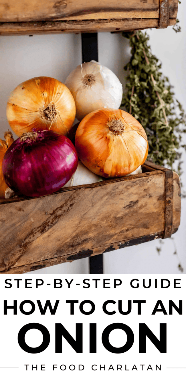 pinterest image of onions with text "step by step guide how to cut an onion".