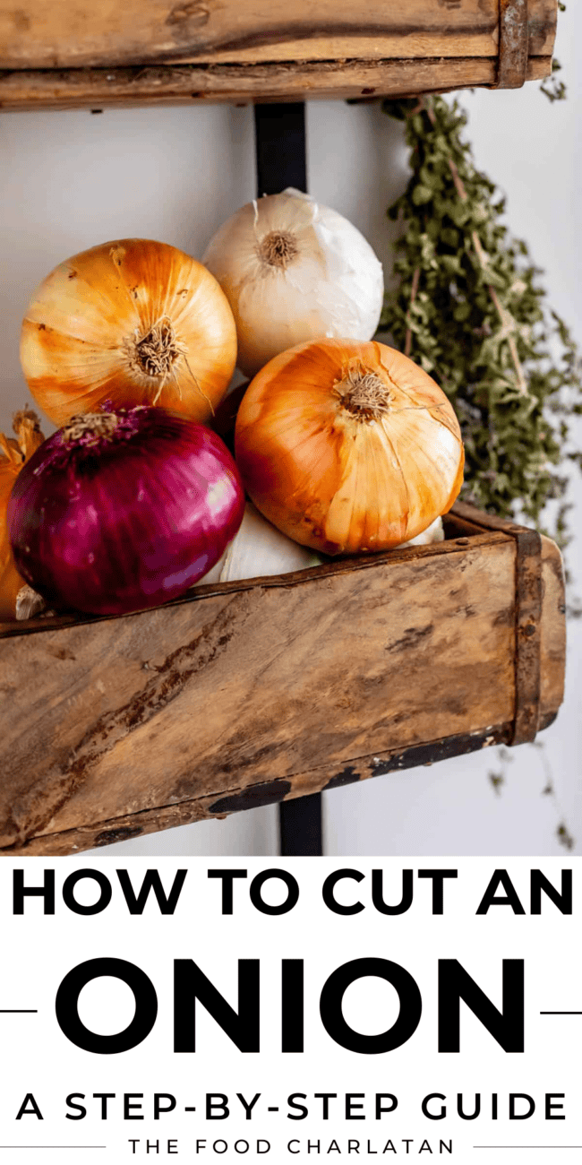 pinterest image of onions with text "how to cut an onion, a step-by-step guide".