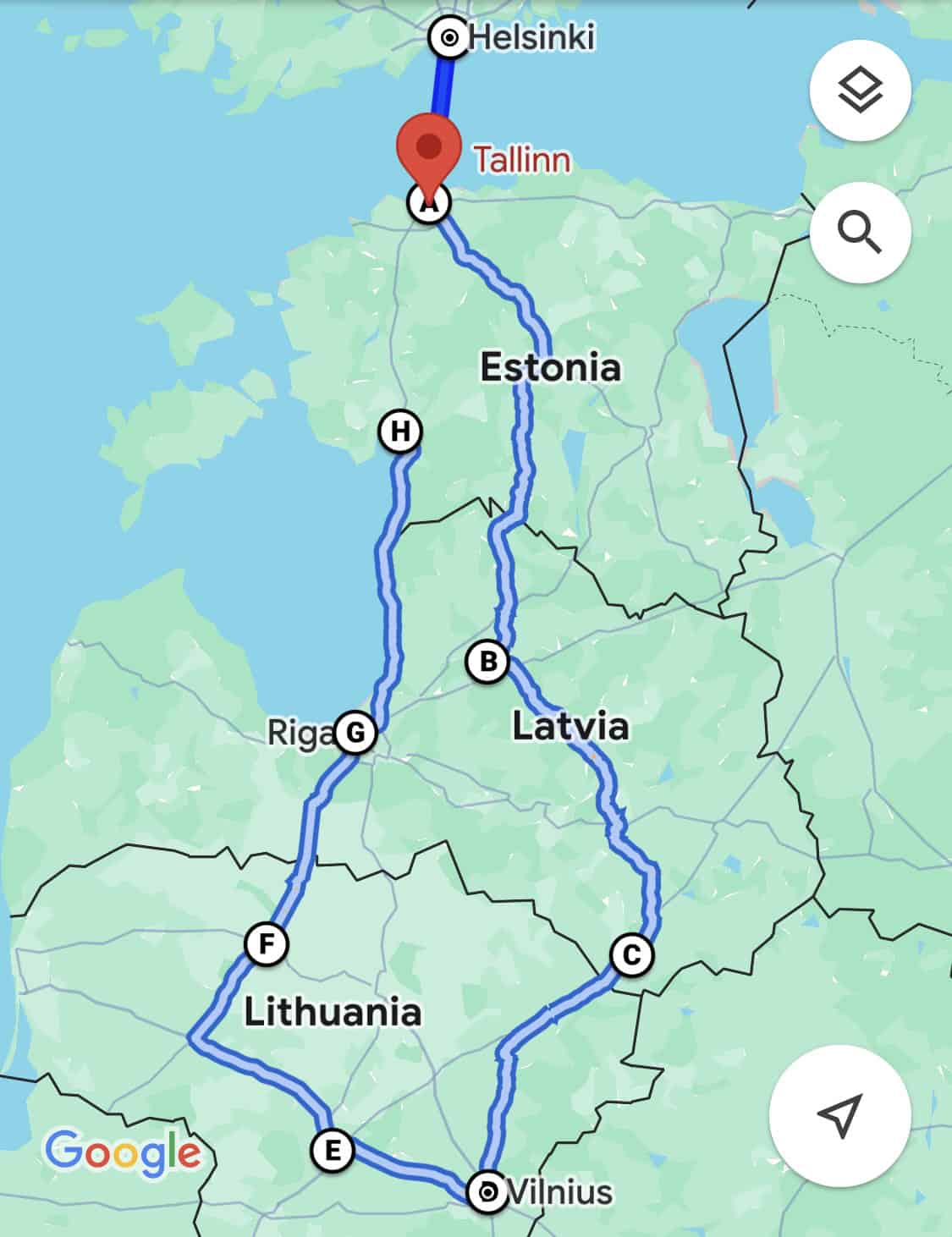 Google maps route from Tallinn down to Vilnius and back.