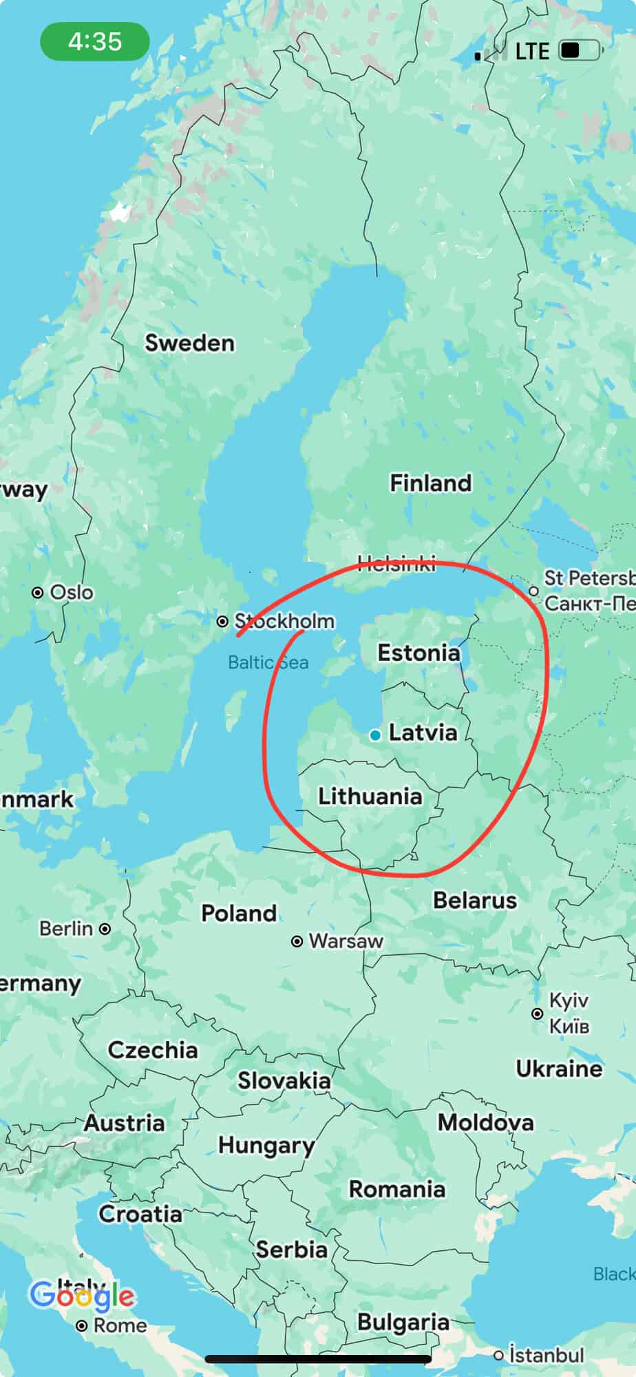 map of Eastern Europe with Baltics circled in red.