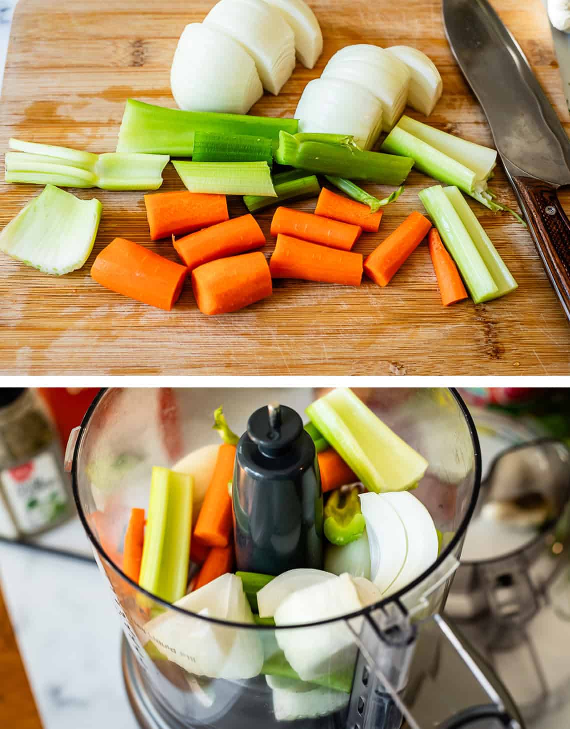 top chopped onion, celery, and carrot on cutting board, bottom all in food processor.