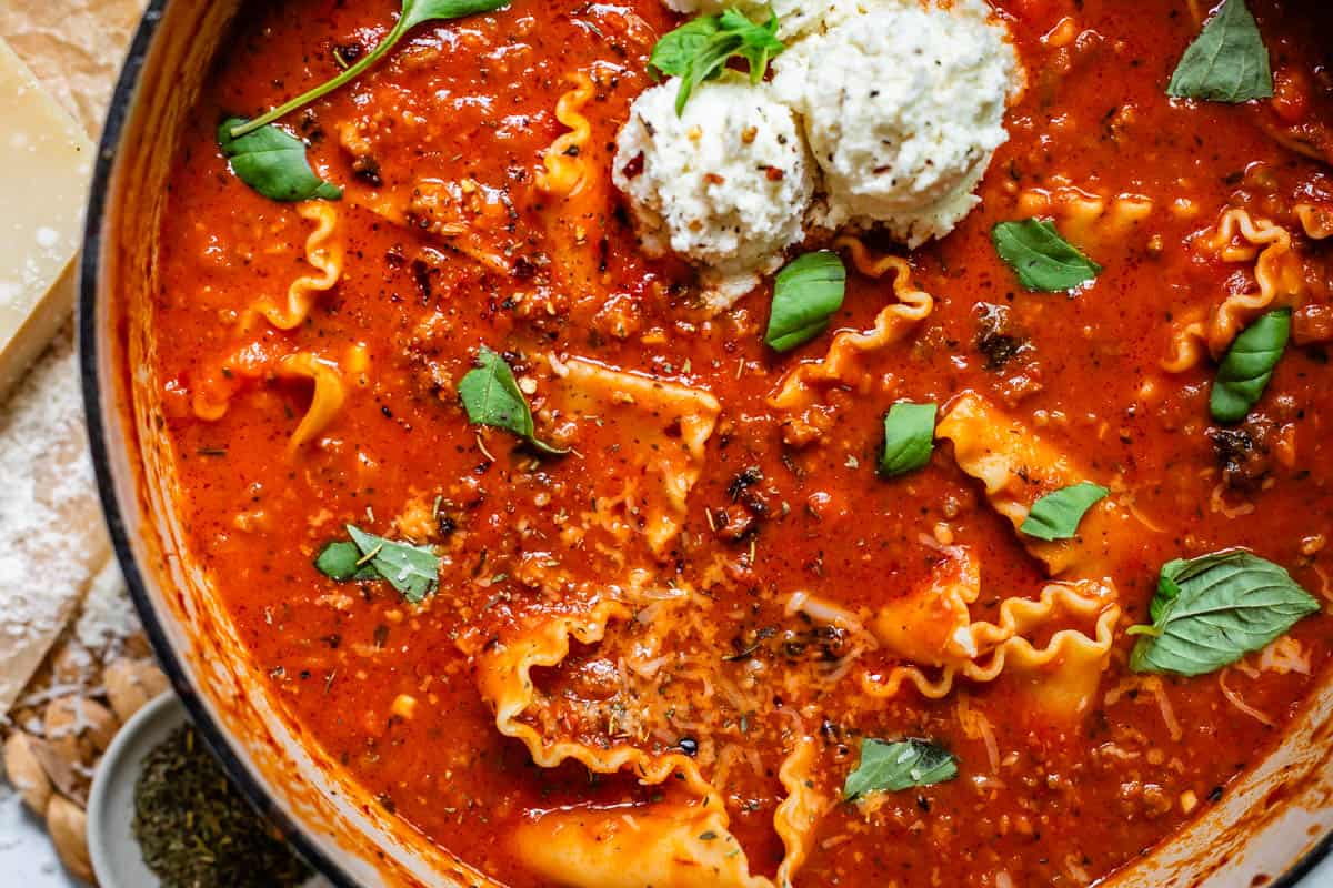 top view of a large pot filled with homemade lasagna soup.