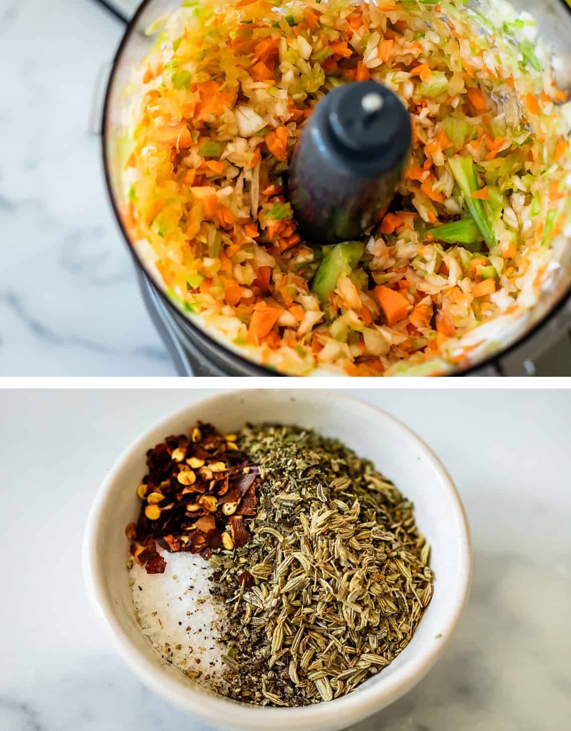 top, veggies pulverized in food processor, bottom small bowl filled with spices.
