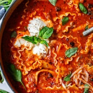 pot filled with the marina broth, lasagna noodles, and cheesy topping of lasagna soup.