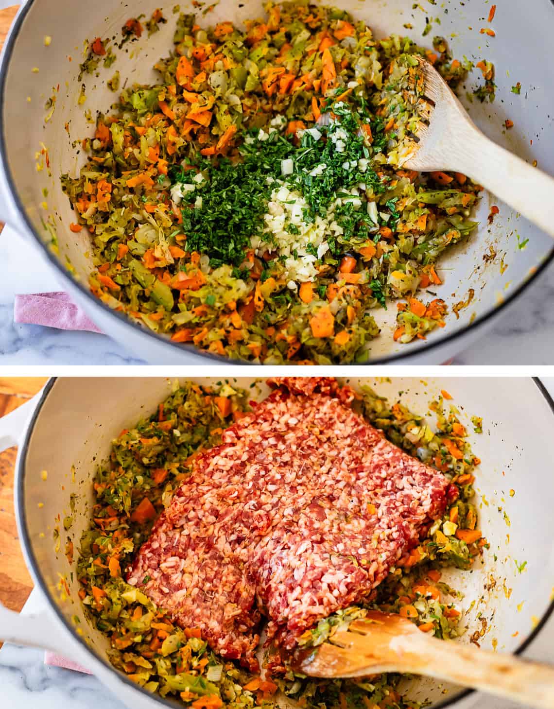 top, sautéing veggies in large pot, bottom adding mild italian sausage.