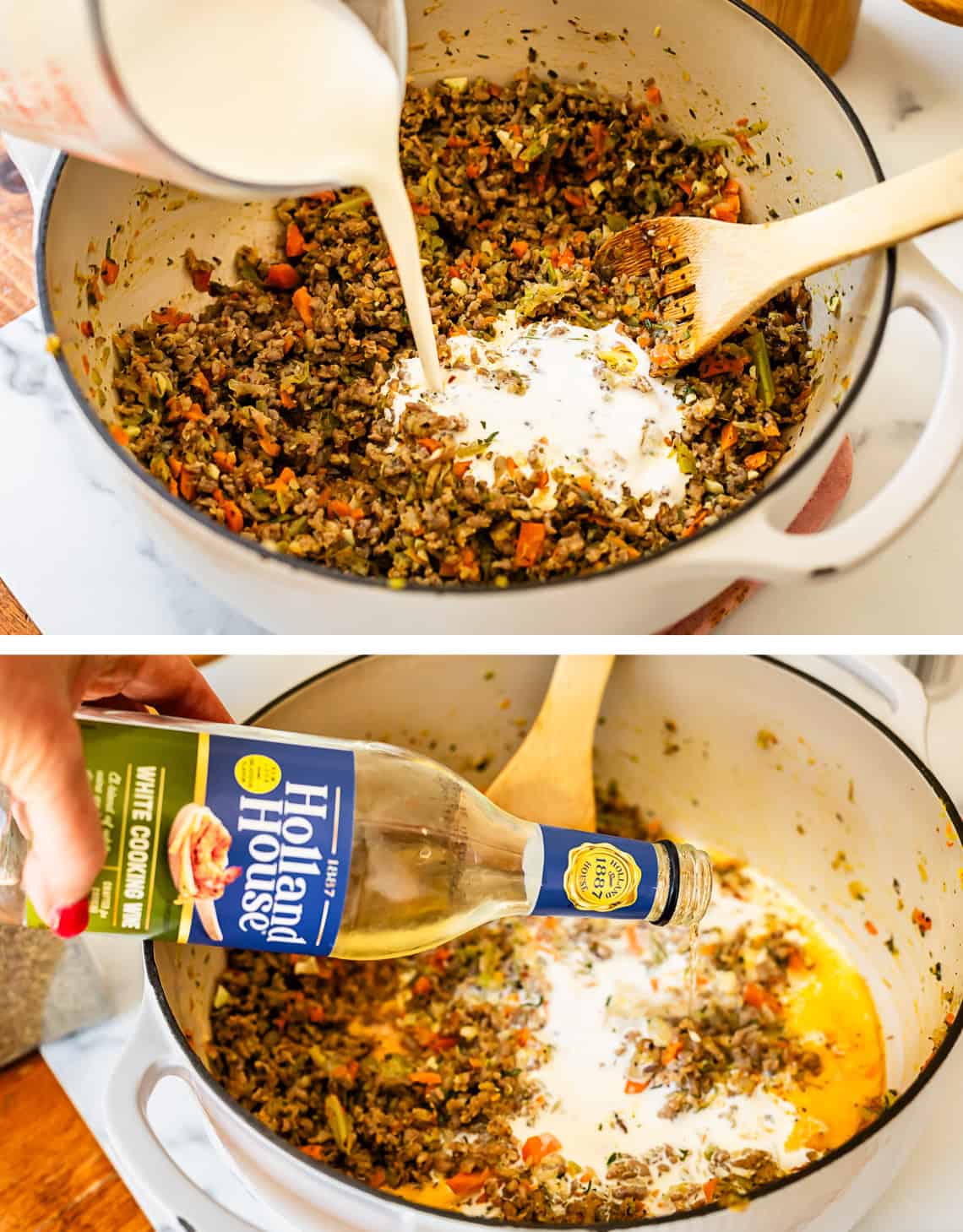 top pouring cream into the veggie mixture, bottom adding wine to mixture in pot.