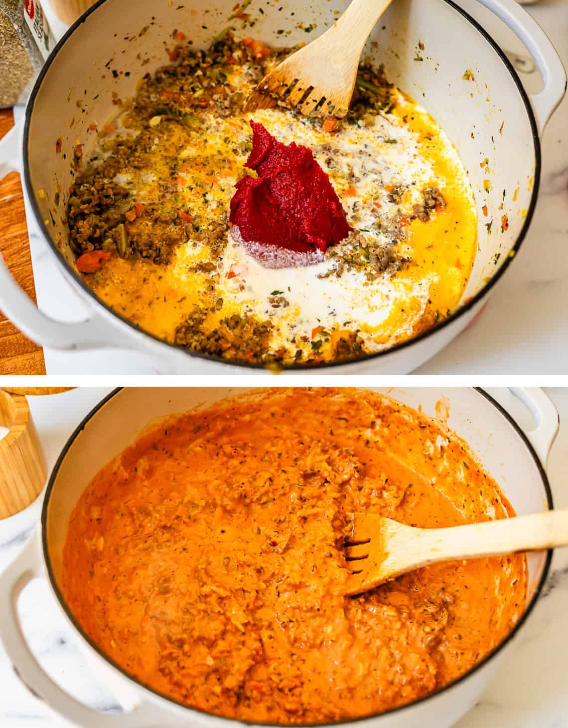 top, adding tomato paste to veggie mixture, bottom paste all stirred in.