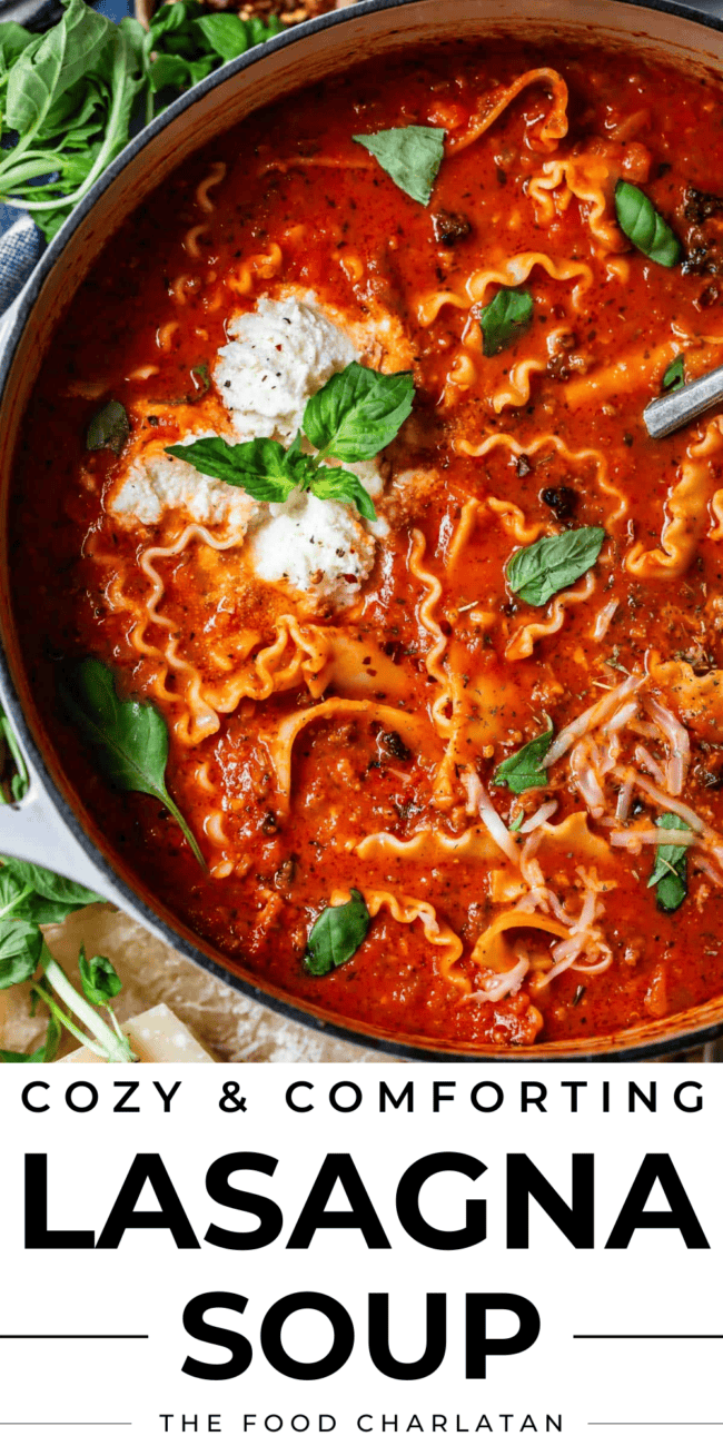 pinterest image of pot of lasagna soup with text "cozy & comforting lasagna soup".