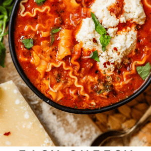 pinterest image of bowl of lasagna soup with text "easy cheesy lasagna soup".