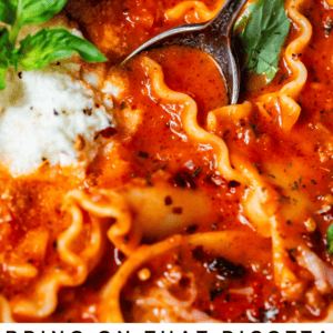 pinterest image of lasagna soup with text "bring on that ricotta lasagna soup".