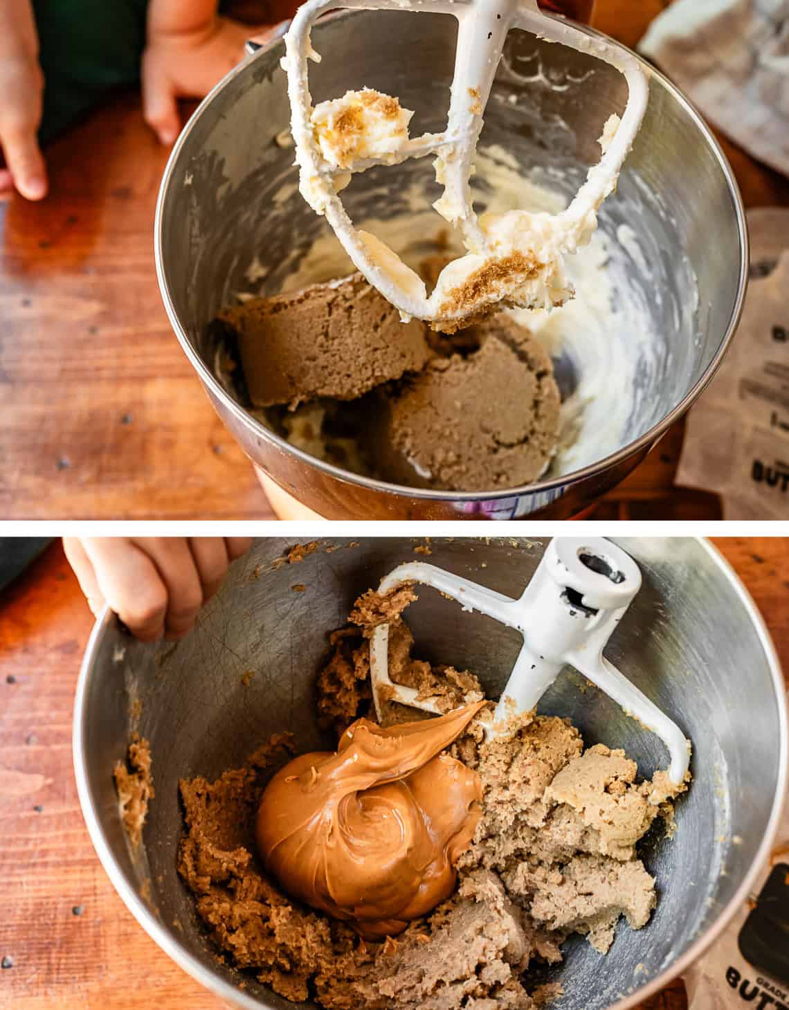 top: kitchen aid bowl with butter and brown sugar; bottom: big scoop of peanut butter added.