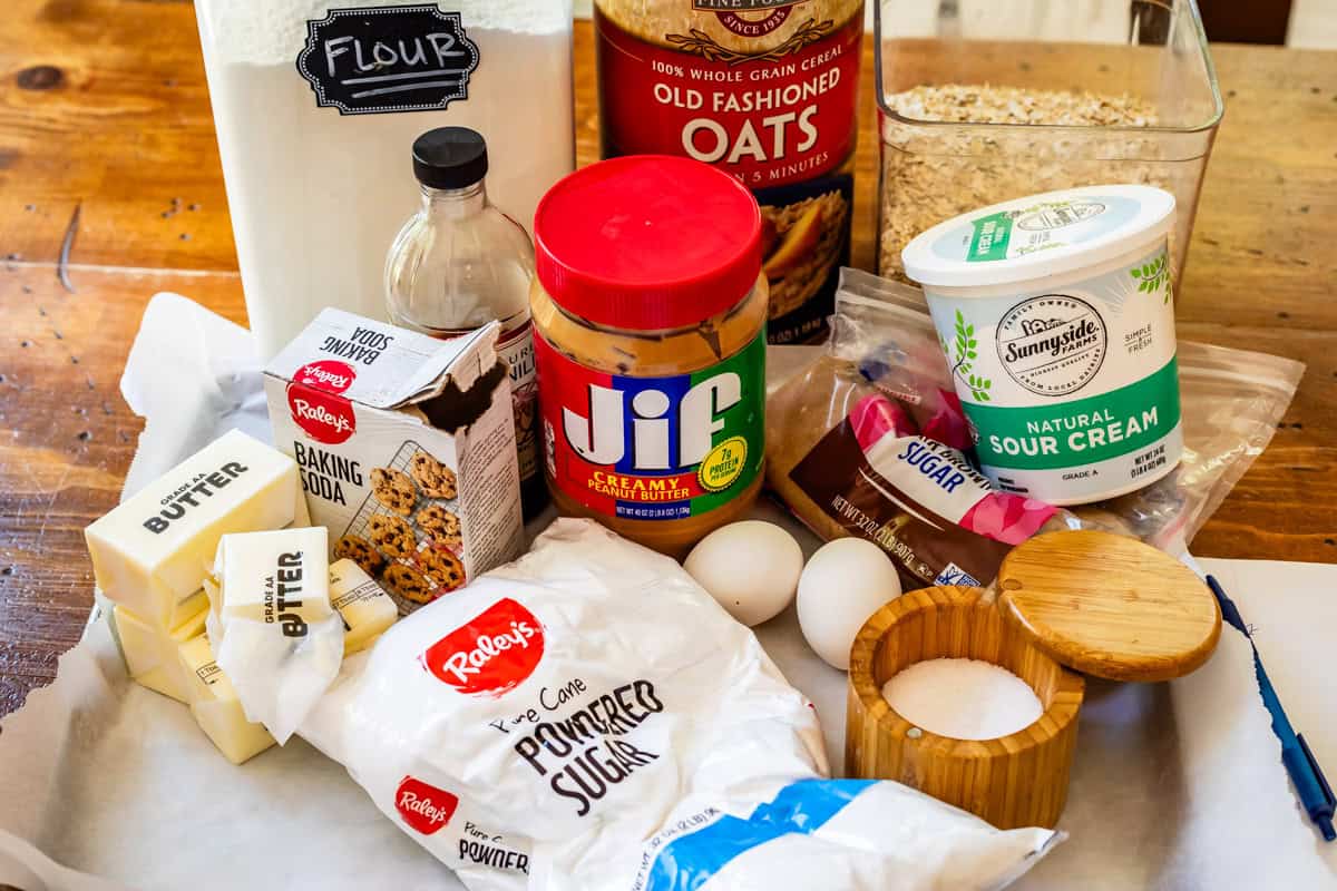 ingredients for lunch lady cookie bars - oats, butter, sugar, flour, and more.