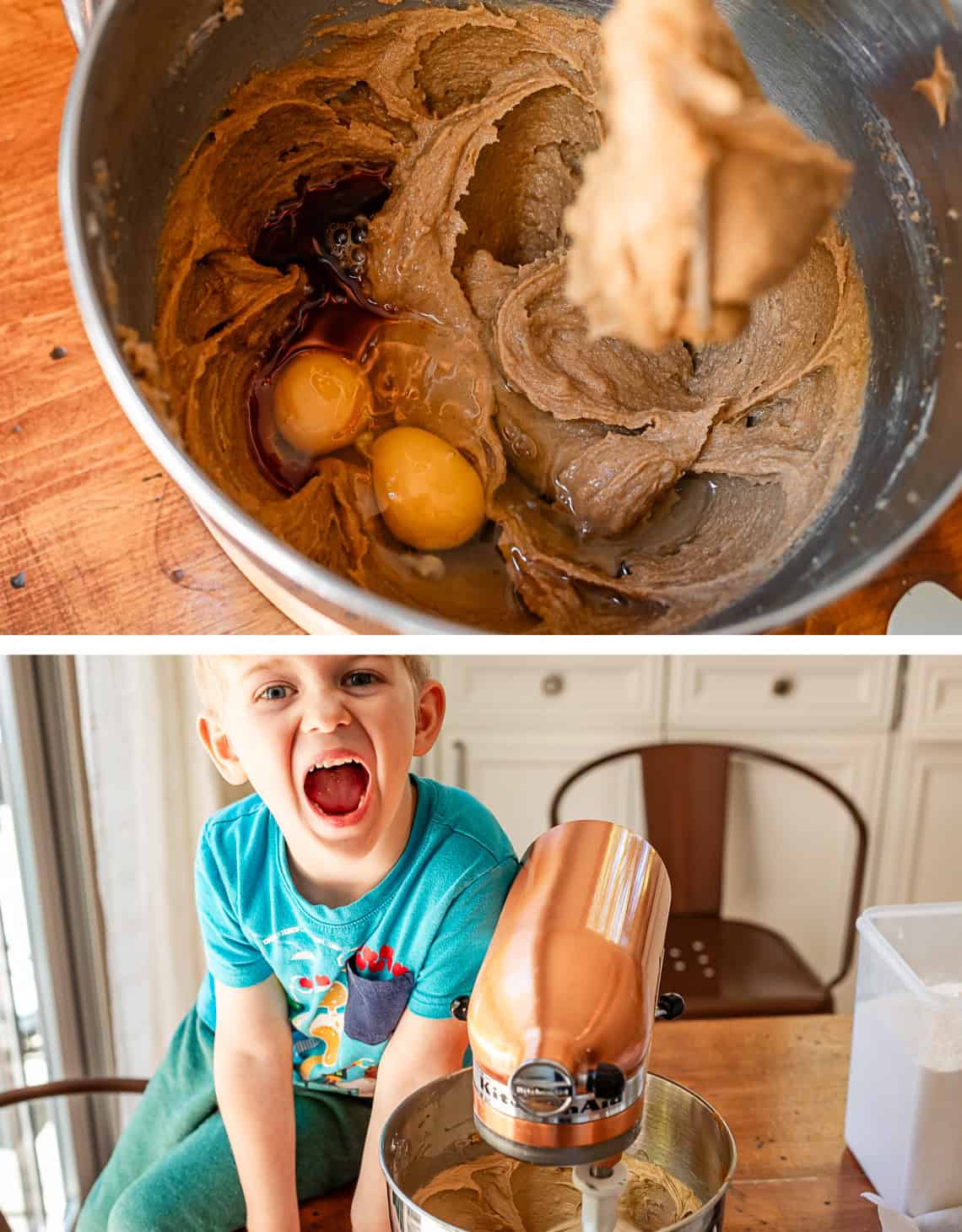 top: mixing bowl with cookie base and two eggs added in to mix.