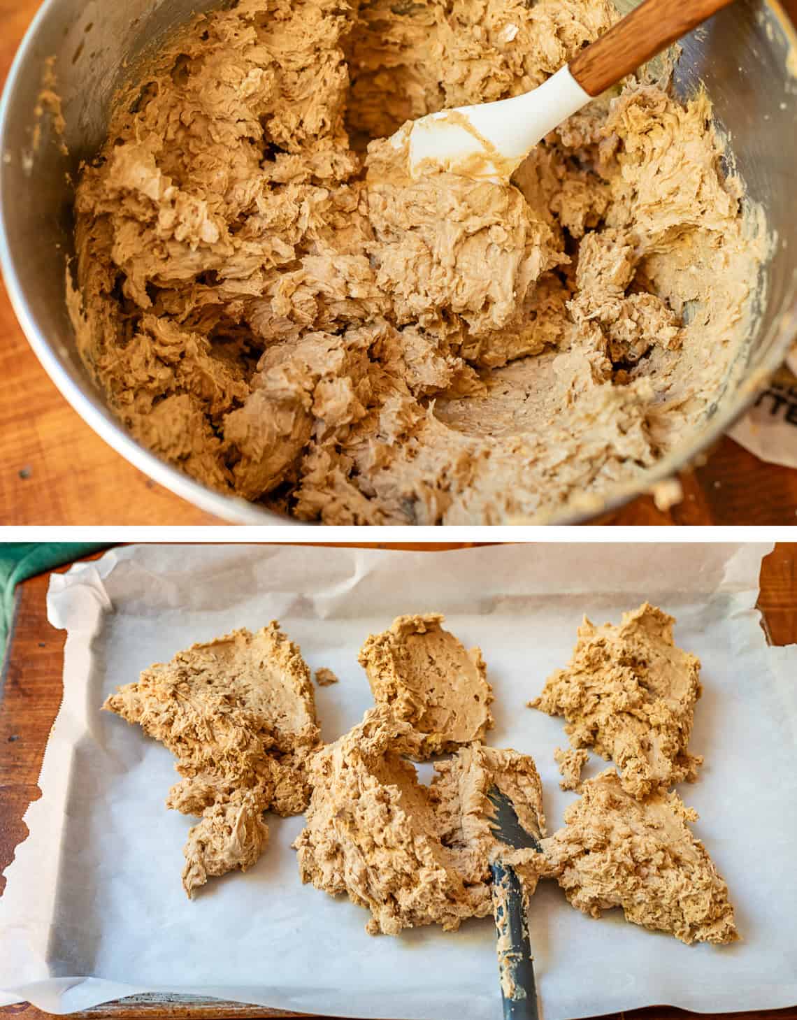 top: mixing bowl with cookie dough base; bottom: spatula spreading it in cookie sheet.