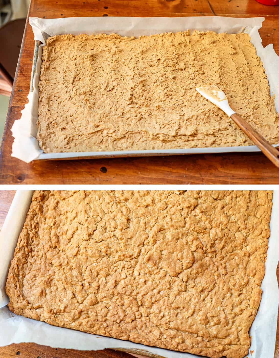 top: fully spread out unbaked cookie dough; bottom: baked cookie dough base.