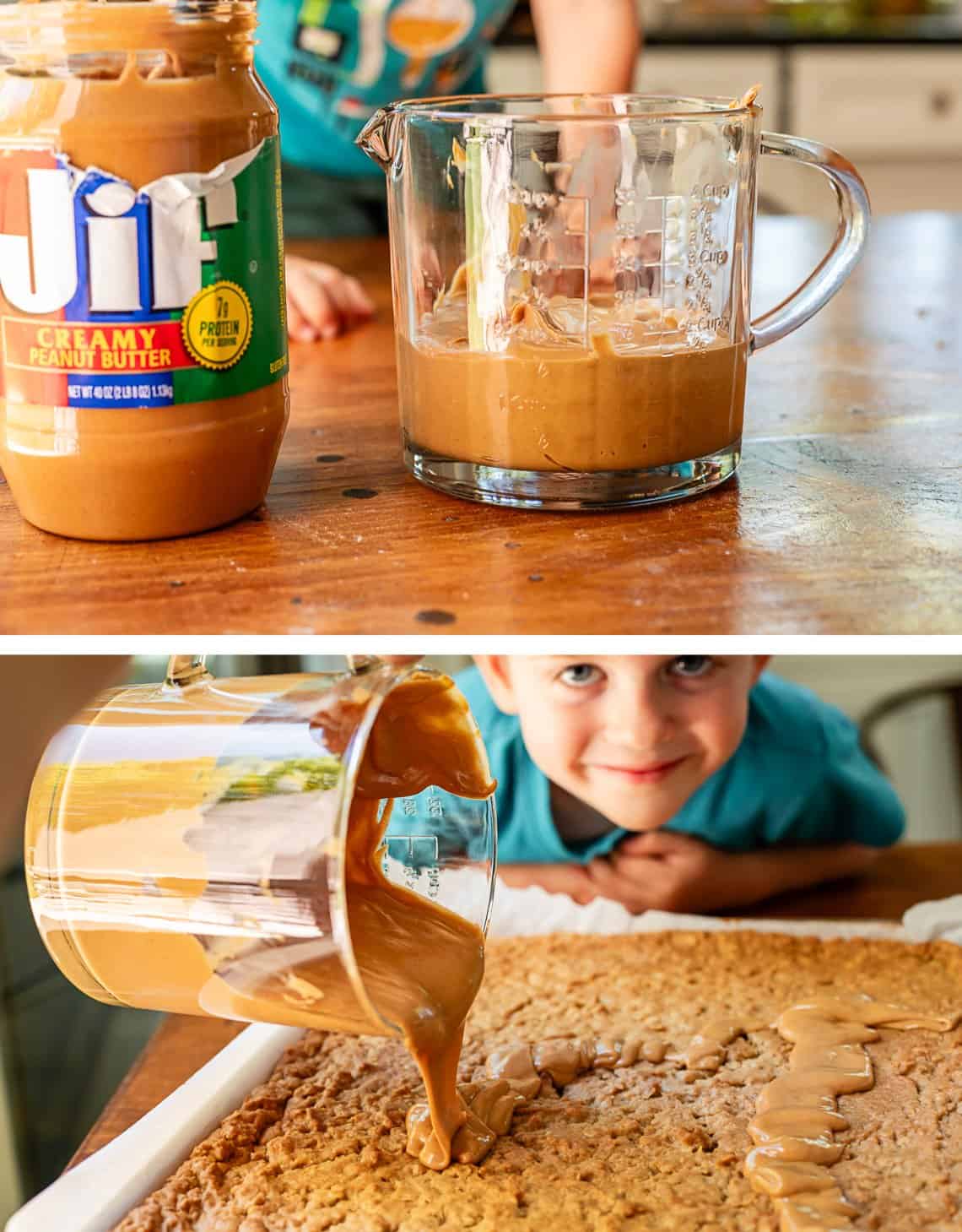 top: jif peanut butter in a glass measuring cup, bottom pouring it over the cookie layer.