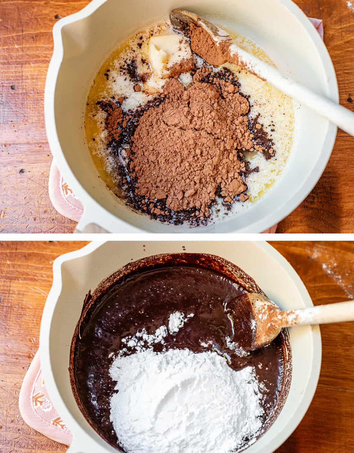 top: ingredients for frosting in mixing bowl; bottom: all stirred together and powdered sugar added.