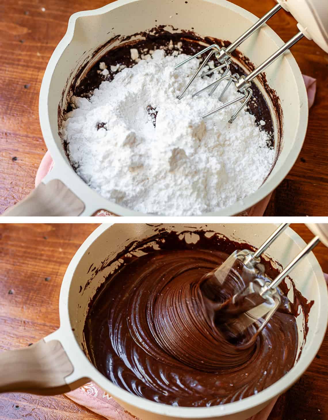 top: using handmixer to add in even more powdered sugar; bottom: frosting completely mixed.
