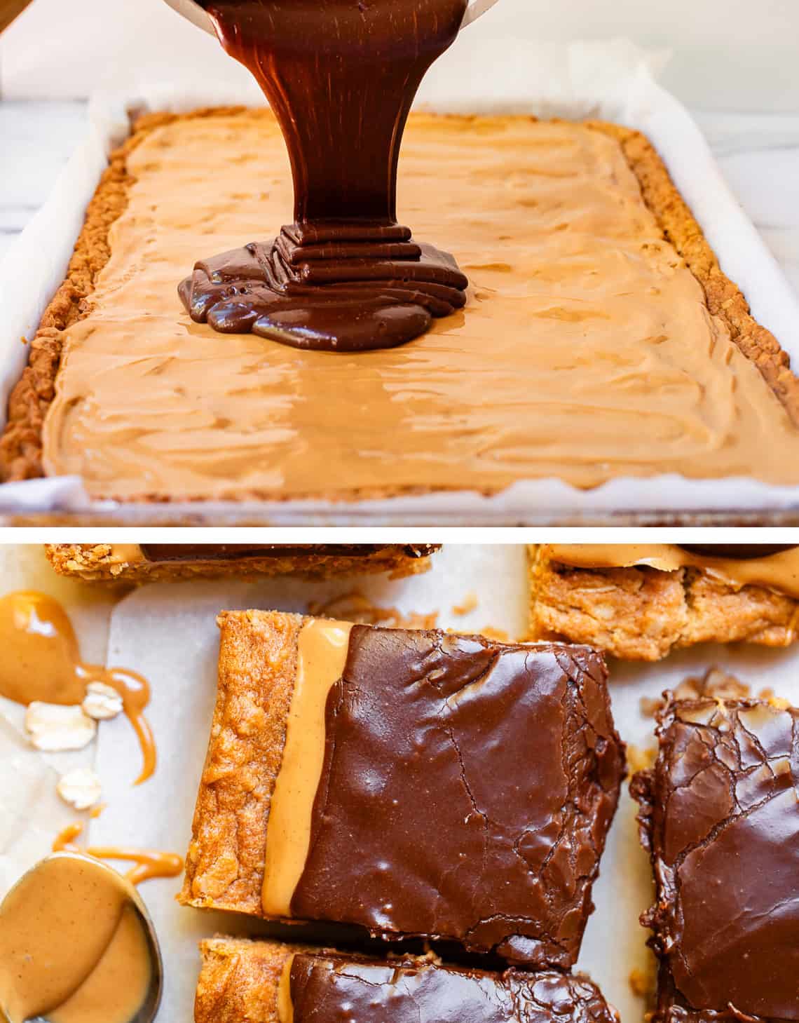 top: frosting pouring onto the bars; bottom: a cut piece of frosted bars.