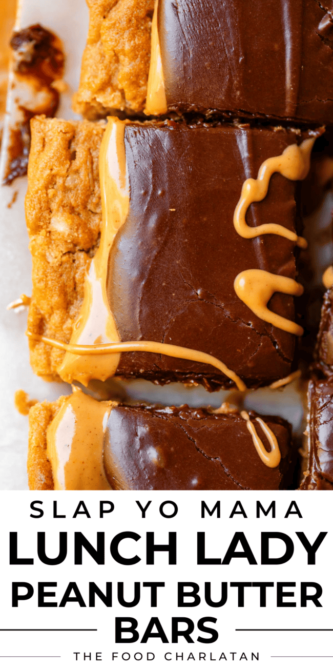 pinterest image of pb bars with text "slap yo mama lunch lady peanut butter bars".