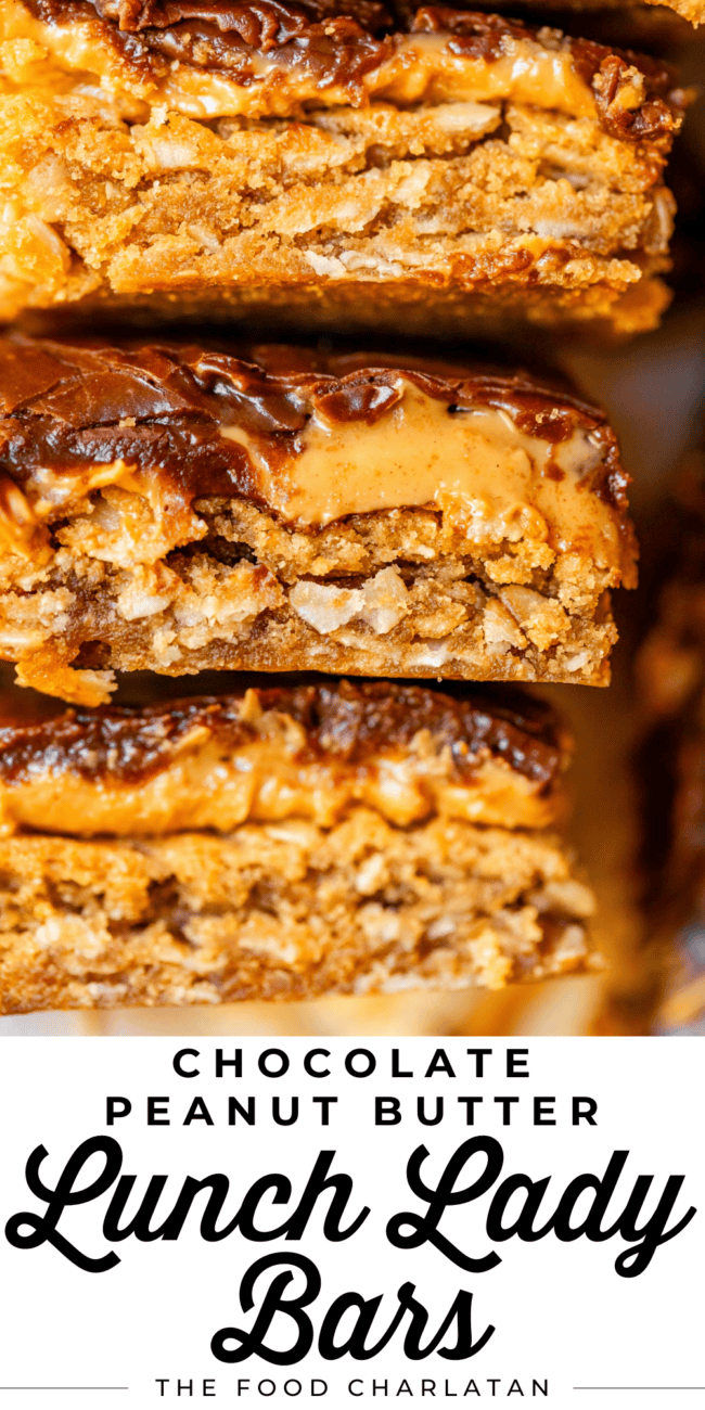 pinterest image of lunch lady bars with text "chocolate peanut butter lunch lady bars".