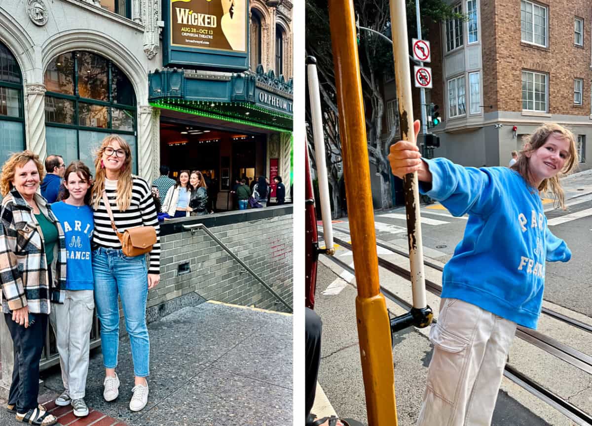 Three women outside Orpheum theater in San Francisco, girl hanging off cable car.