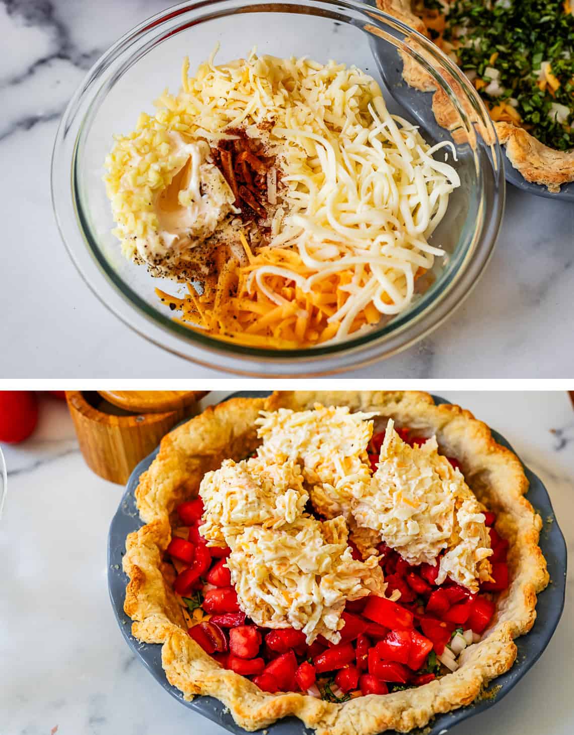 Assembling tomatoe pie filling, first with cheese, spices, and mayo, then laid on top of tomatoes in a pie crust.