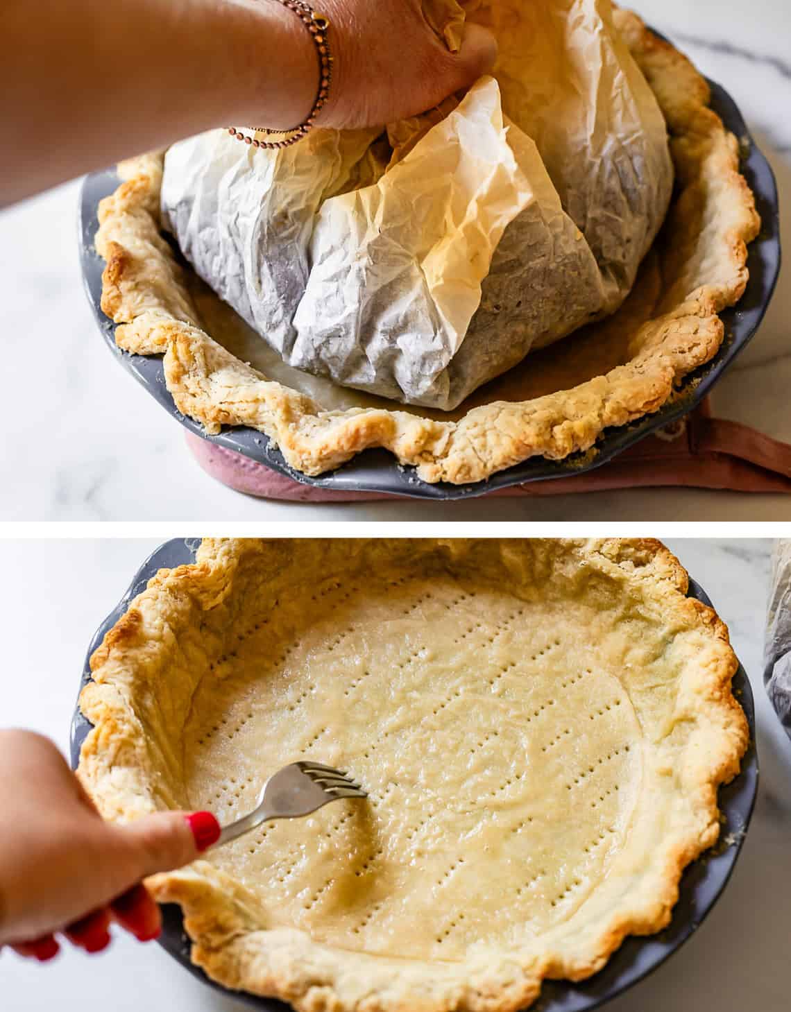 Preparing an empty pie shell with pie weights and fork.
