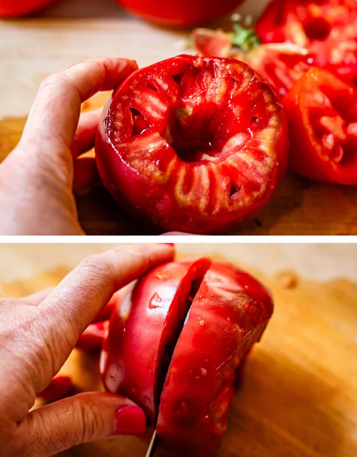 Coring and slicing a tomato in large sections to be diced.