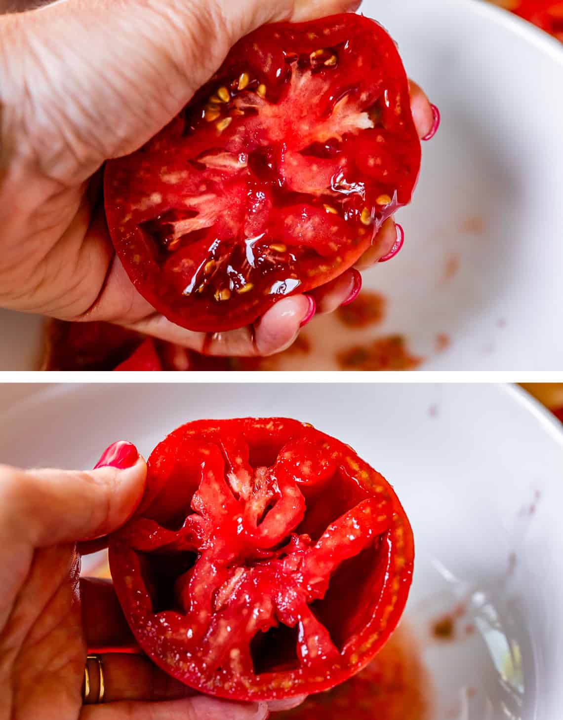 Preparing tomato to be diced.