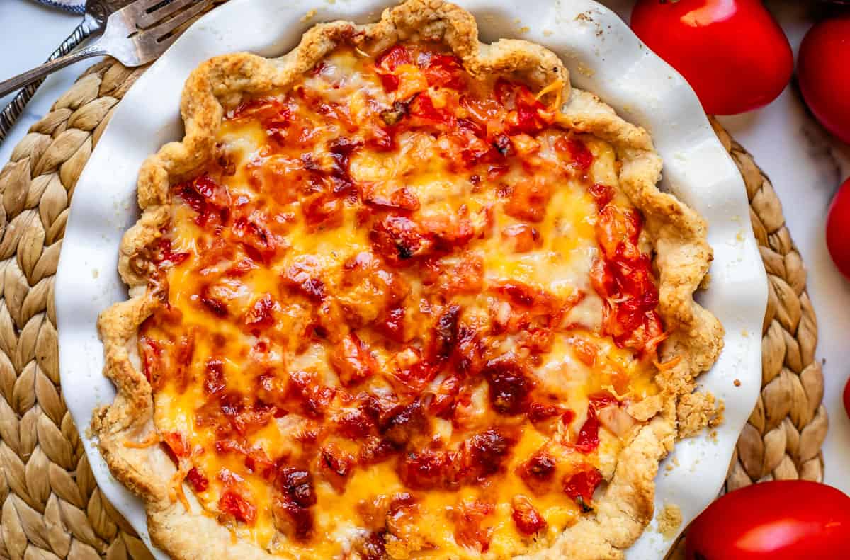 Horizontal photo of freshly baked tomato pie.