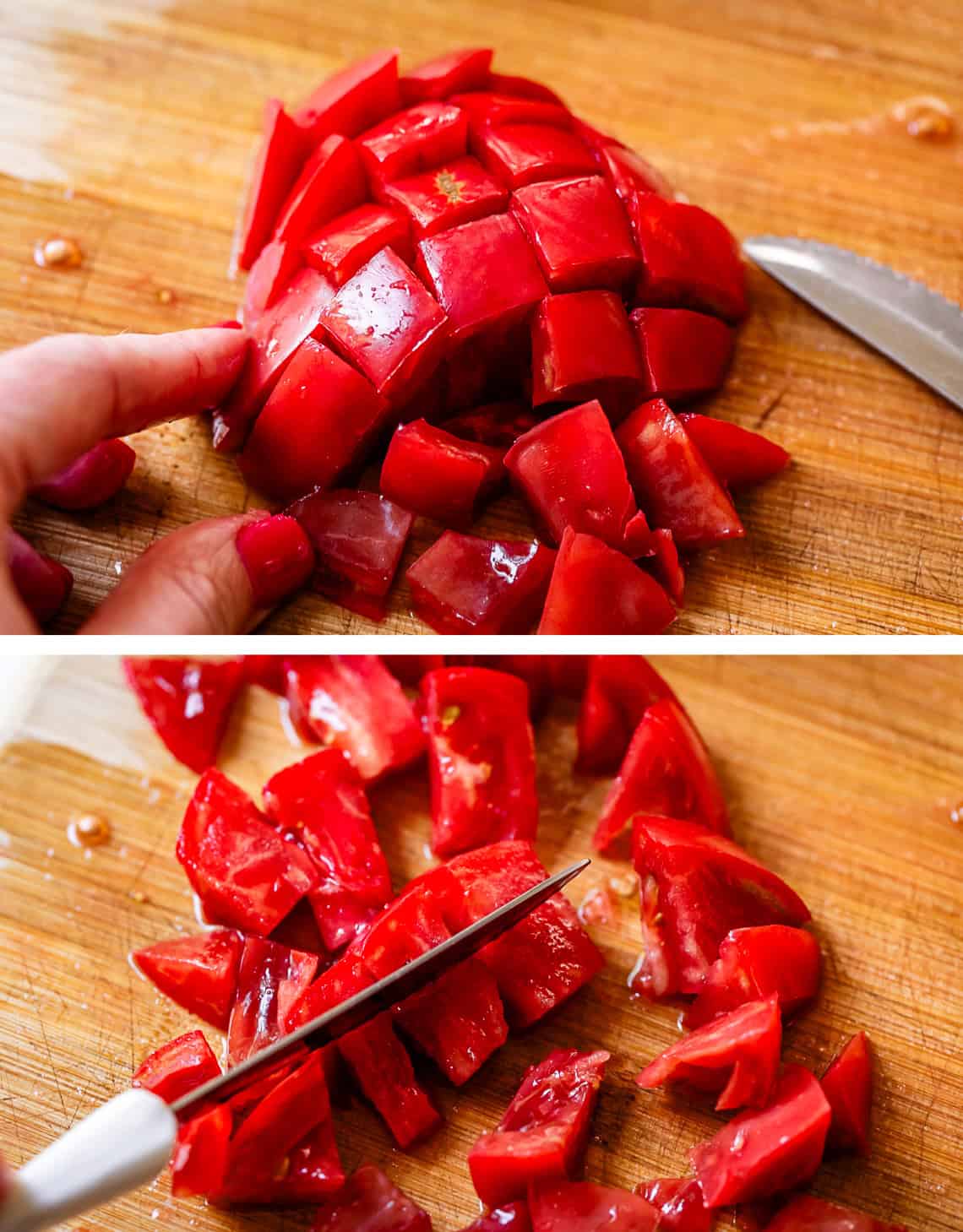 How to dice a tomato using a serrated knife and cubed dicing technique.
