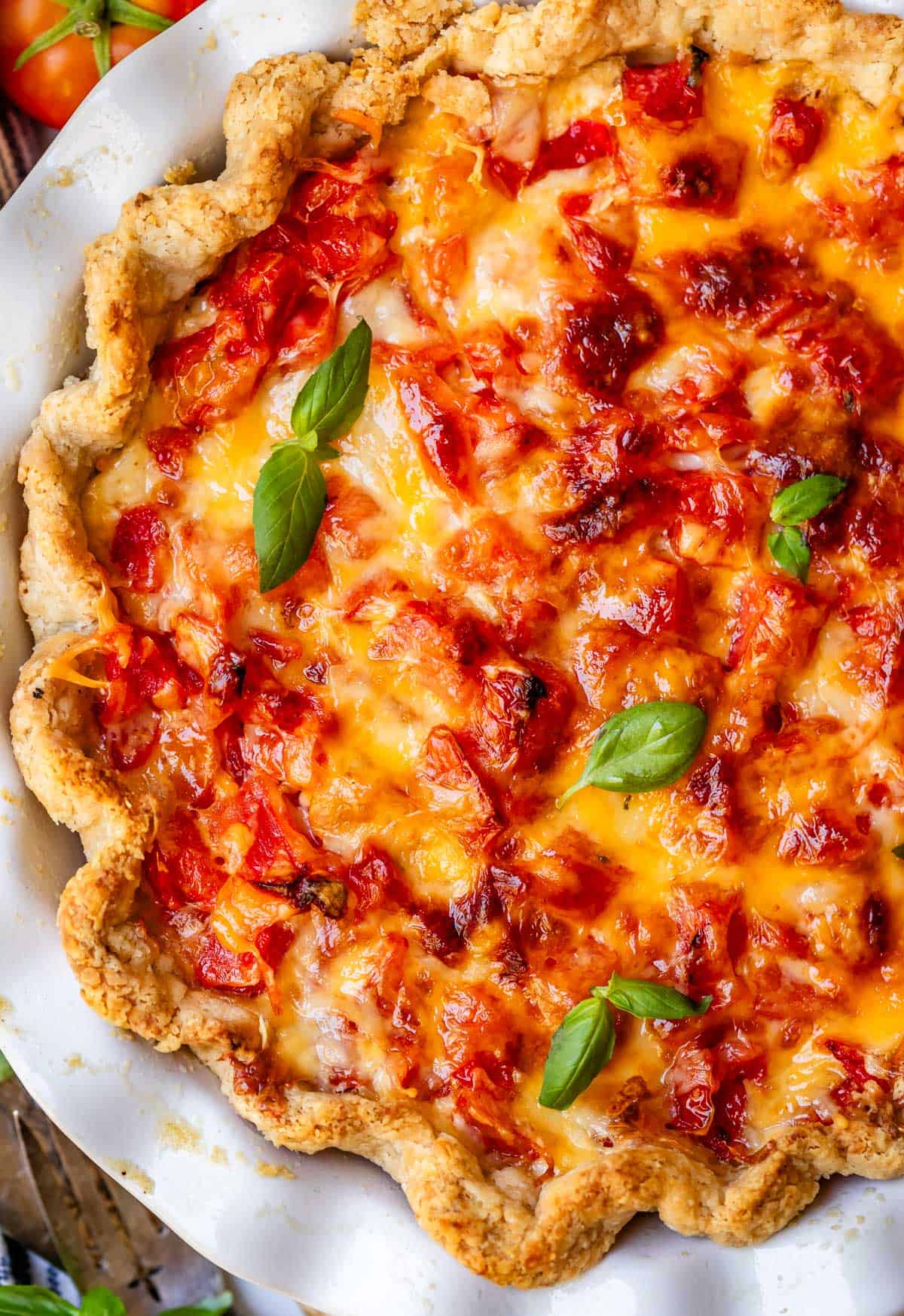 Overhead shot of baked tomatoe pie in white pie dish.
