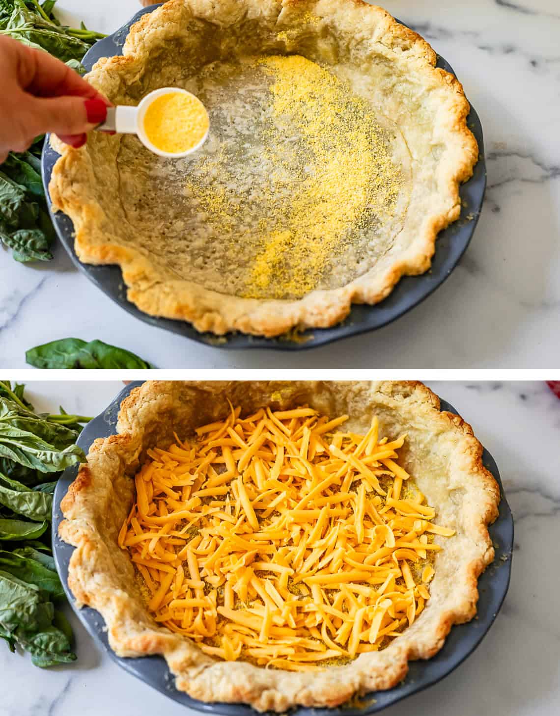 Assembling a tomato pie with a crust, spices, and cheese.