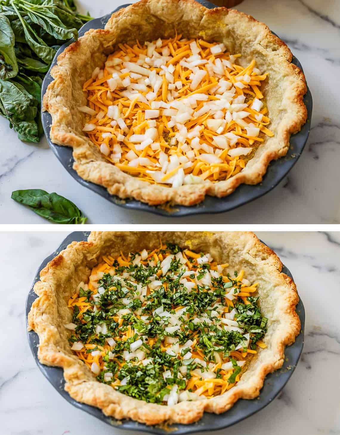 Assembling tomato pie with cheeses, onion, and herbs in a pie crust.