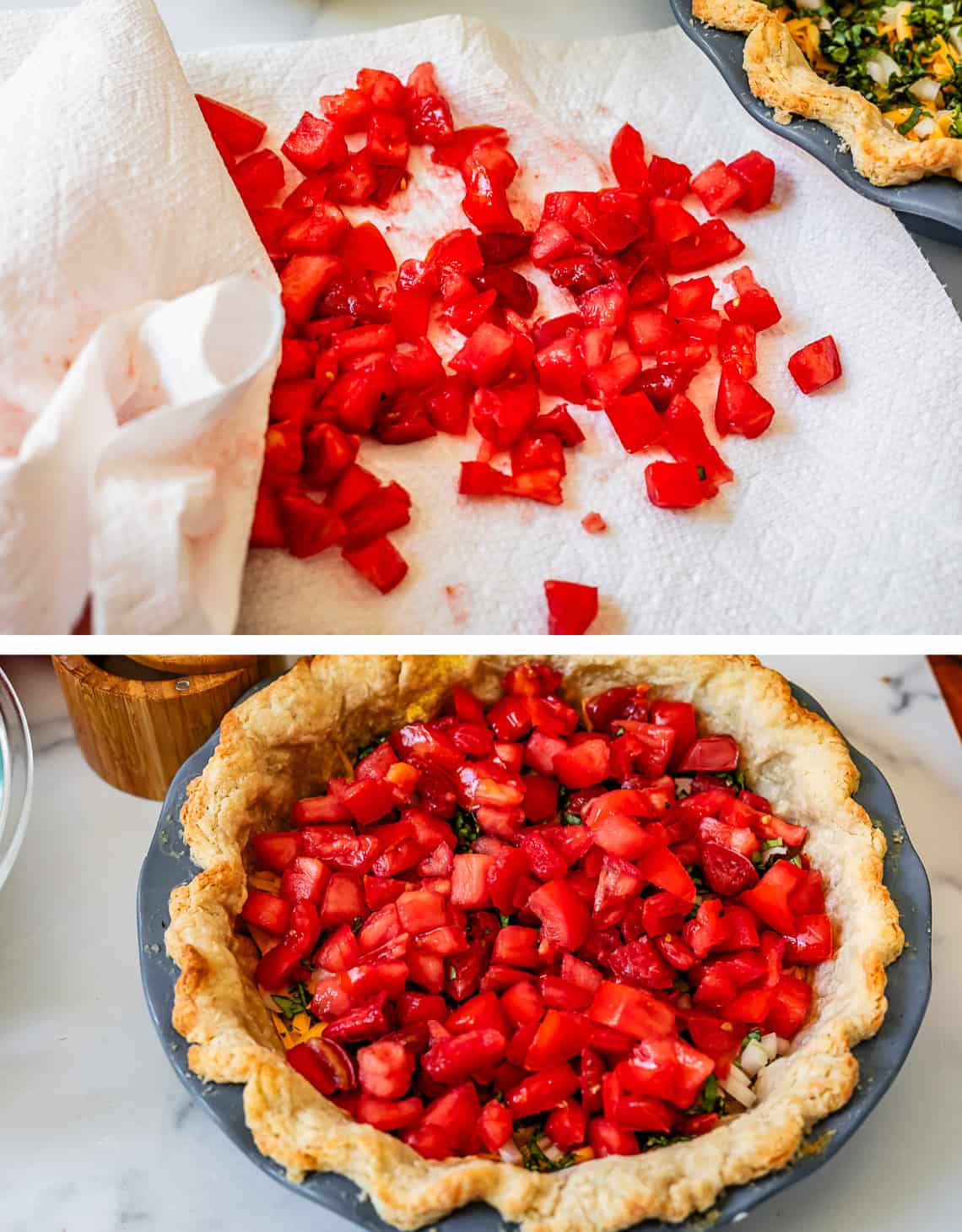 Drying tomatoes on paper towels and put in layers in pie crust for tomato pie.