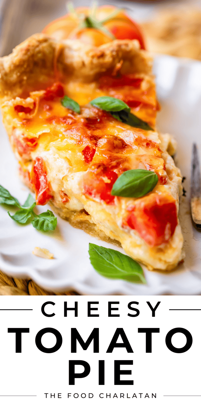 Pin image for cheesy tomato pie with picture of slice of tomato pie on white plate.