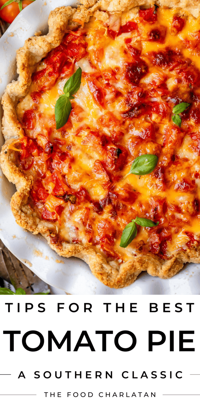 Pinterest image for tomato pie with overhead shot of whole pie and title of recipe.