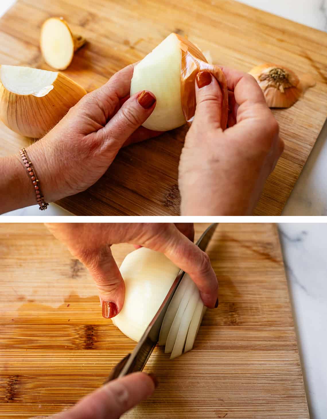 top hands removing papery skin from onion half, bottom knife cutting slices into it.